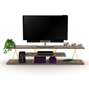 Tars Mid Century Modern 56" Walnut/Yellow TV Stand – 4-Shelf Open Storage Media Console with Cable Management