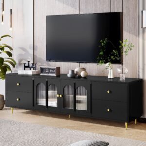 Modern TV Stand for 75 Inch TV – Glass Doors, 4 Drawers, 2 Cabinets & Gold Metal Legs