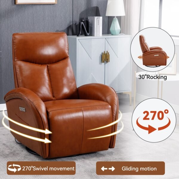 Brown Genuine Leather Power Recliner – 270° Swivel, Rocker Chair with USB & Type-C Charging, Lumbar Support - Image 2