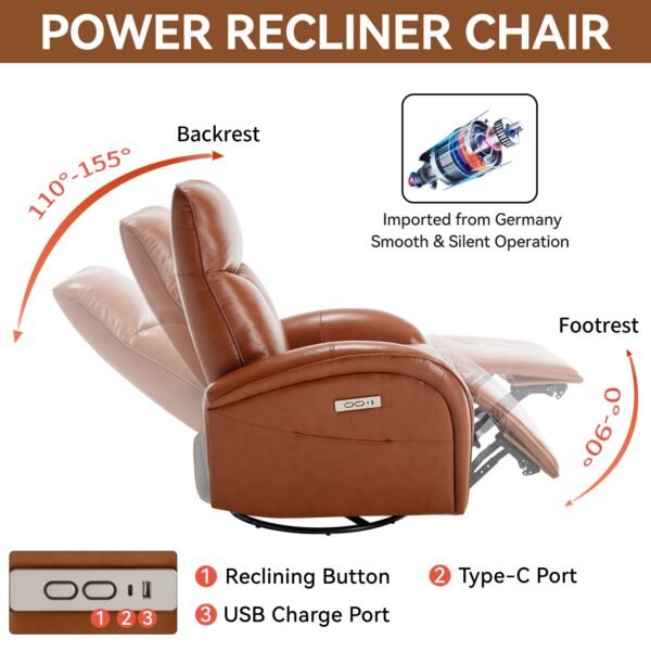 Brown Genuine Leather Power Recliner – 270° Swivel, Rocker Chair with USB & Type-C Charging, Lumbar Support - Image 12