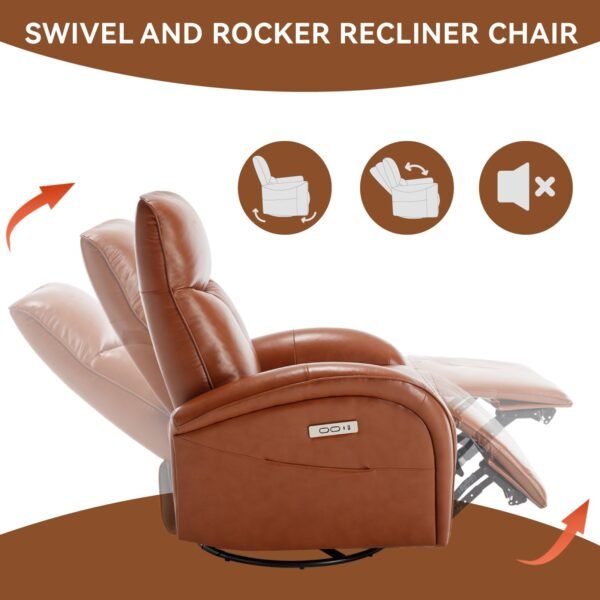 Brown Genuine Leather Power Recliner – 270° Swivel, Rocker Chair with USB & Type-C Charging, Lumbar Support - Image 13