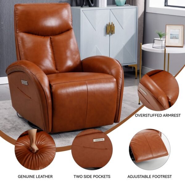 Brown Genuine Leather Power Recliner – 270° Swivel, Rocker Chair with USB & Type-C Charging, Lumbar Support - Image 14
