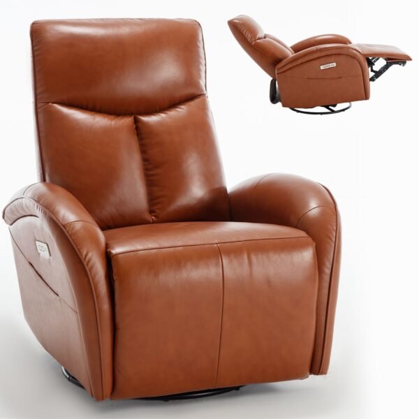 Brown Genuine Leather Power Recliner – 270° Swivel, Rocker Chair with USB & Type-C Charging, Lumbar Support - Image 15