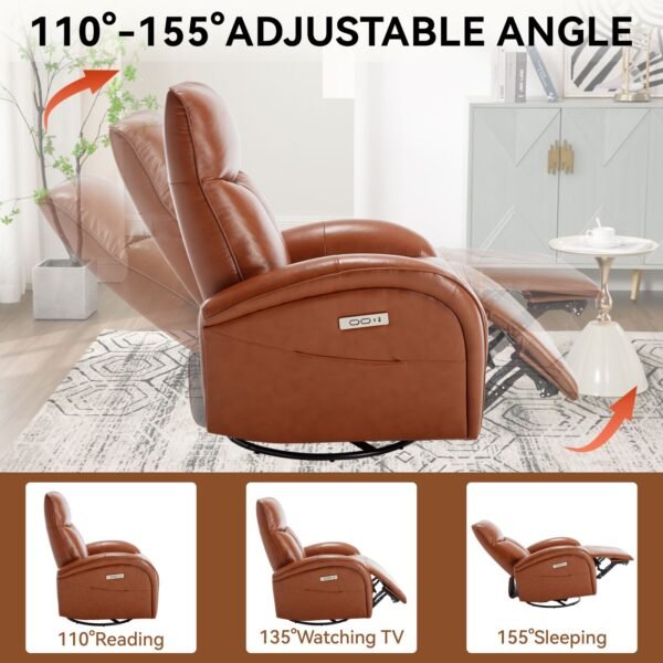 Brown Genuine Leather Power Recliner – 270° Swivel, Rocker Chair with USB & Type-C Charging, Lumbar Support - Image 3