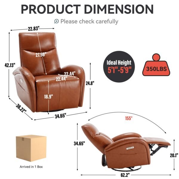 Brown Genuine Leather Power Recliner – 270° Swivel, Rocker Chair with USB & Type-C Charging, Lumbar Support - Image 4