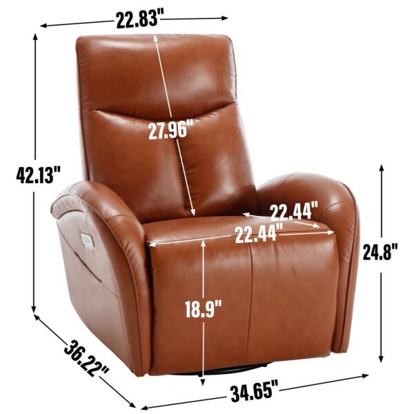 Brown Genuine Leather Power Recliner – 270° Swivel, Rocker Chair with USB & Type-C Charging, Lumbar Support - Image 6