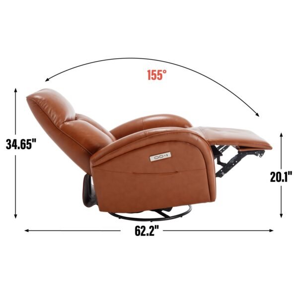 Brown Genuine Leather Power Recliner – 270° Swivel, Rocker Chair with USB & Type-C Charging, Lumbar Support - Image 7