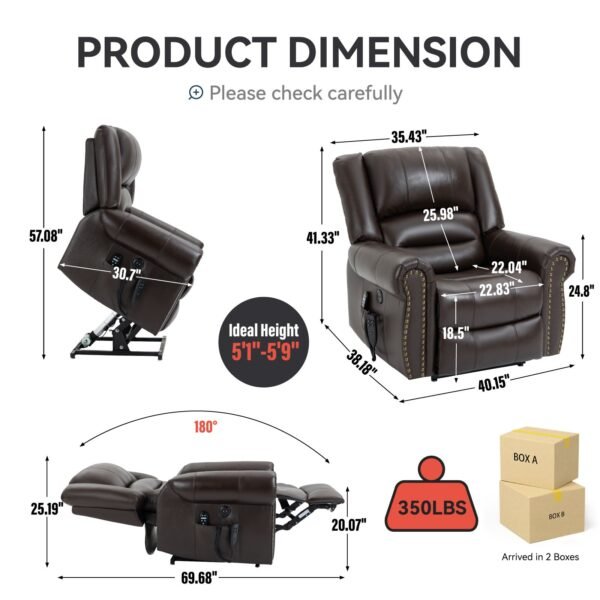 Genuine Leather Dual Motor Power Lift Recliner Chair – Heat & Massage, USB, 350 LBS Capacity, Brown - Image 2