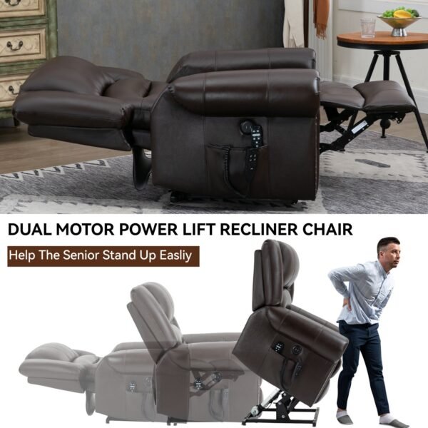 Genuine Leather Dual Motor Power Lift Recliner Chair – Heat & Massage, USB, 350 LBS Capacity, Brown - Image 11