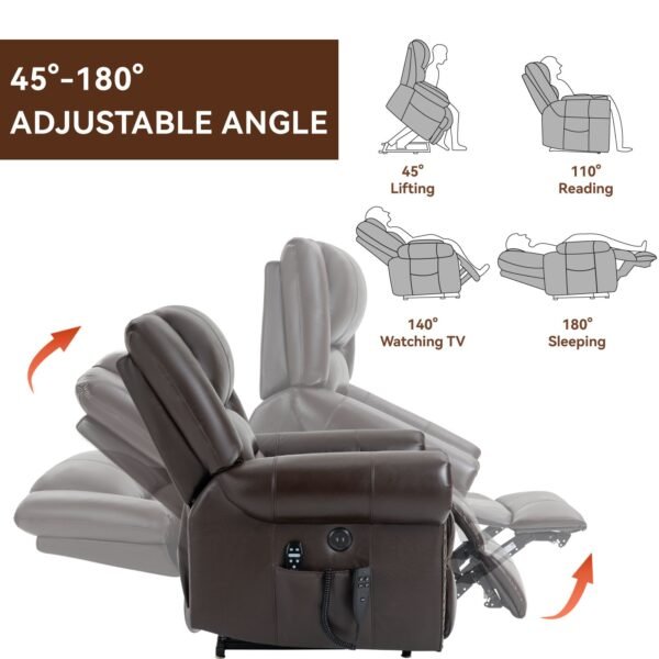 Genuine Leather Dual Motor Power Lift Recliner Chair – Heat & Massage, USB, 350 LBS Capacity, Brown - Image 12