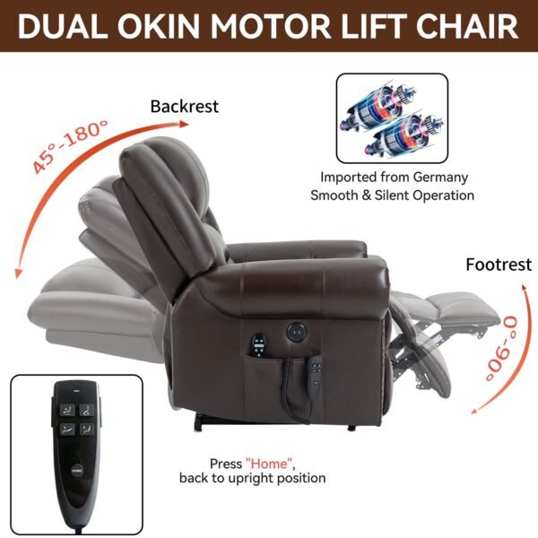 Genuine Leather Dual Motor Power Lift Recliner Chair – Heat & Massage, USB, 350 LBS Capacity, Brown - Image 13