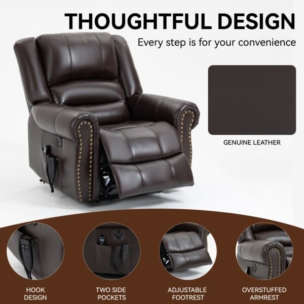 Genuine Leather Dual Motor Power Lift Recliner Chair – Heat & Massage, USB, 350 LBS Capacity, Brown - Image 17