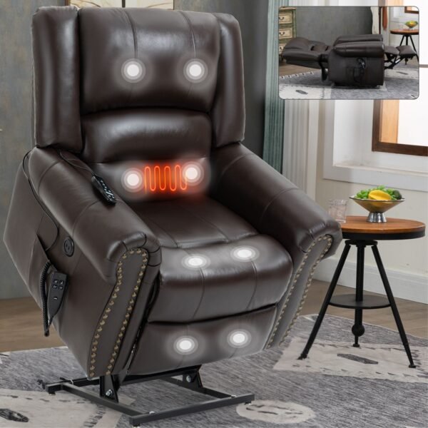 Genuine Leather Dual Motor Power Lift Recliner Chair – Heat & Massage, USB, 350 LBS Capacity, Brown - Image 18