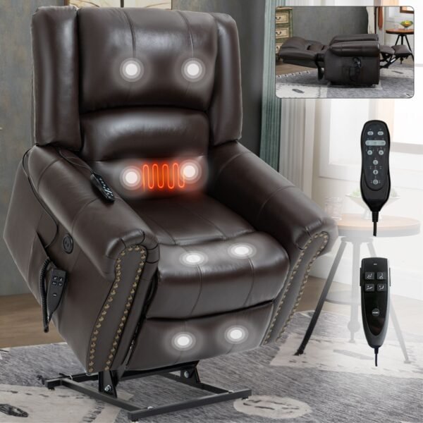Genuine Leather Dual Motor Power Lift Recliner Chair – Heat & Massage, USB, 350 LBS Capacity, Brown - Image 19