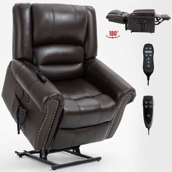 Genuine Leather Dual Motor Power Lift Recliner Chair – Heat & Massage, USB, 350 LBS Capacity, Brown - Image 20