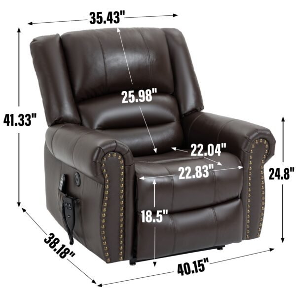 Genuine Leather Dual Motor Power Lift Recliner Chair – Heat & Massage, USB, 350 LBS Capacity, Brown - Image 3