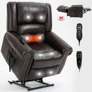 Genuine Leather Dual Motor Power Lift Recliner Chair – Heat & Massage, USB, 350 LBS Capacity, Brown