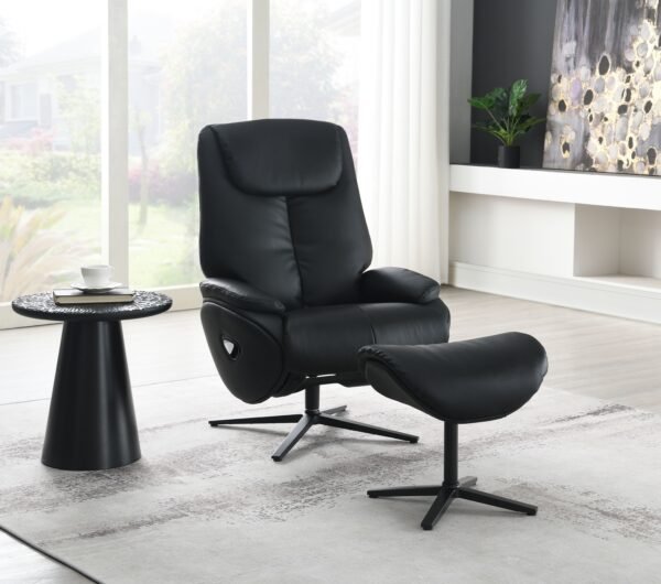 Black Swivel Recliner Chair with Ottoman in Genuine Leather – Modern Motion Accent