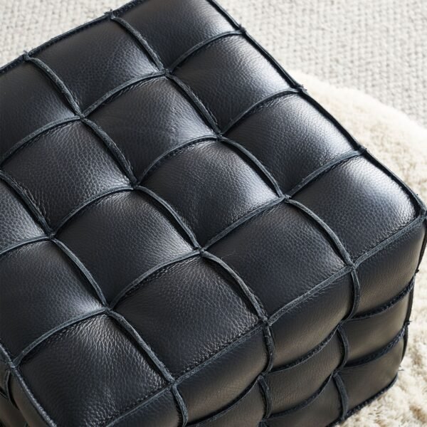 Black Genuine Leather Tufted Ottoman – Modern Square Footstool for Living Room or Bedroom - Image 2