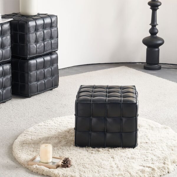 Black Genuine Leather Tufted Ottoman – Modern Square Footstool for Living Room or Bedroom - Image 3