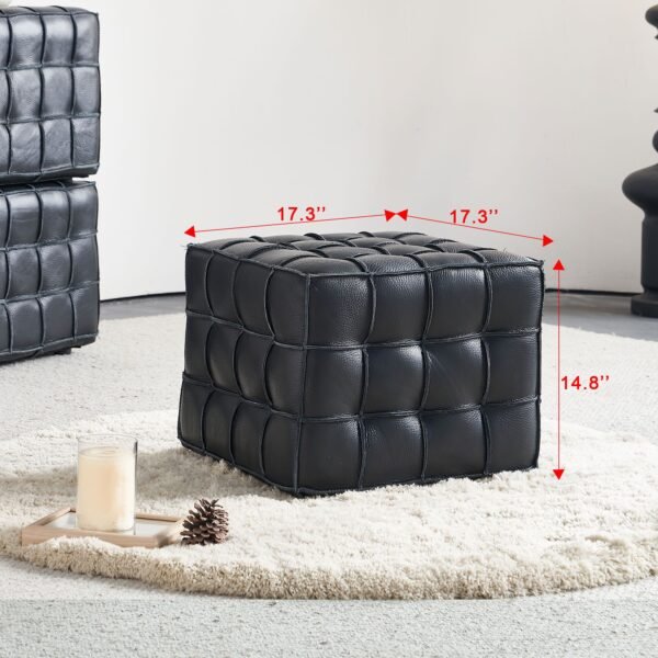 Black Genuine Leather Tufted Ottoman – Modern Square Footstool for Living Room or Bedroom - Image 4