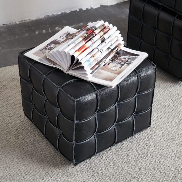 Black Genuine Leather Tufted Ottoman – Modern Square Footstool for Living Room or Bedroom - Image 5