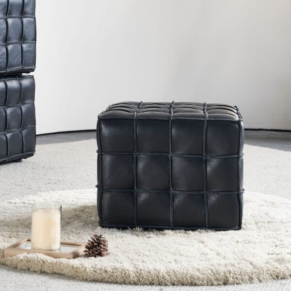 Black Genuine Leather Tufted Ottoman – Modern Square Footstool for Living Room or Bedroom - Image 6