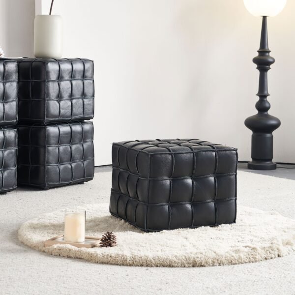 Black Genuine Leather Tufted Ottoman – Modern Square Footstool for Living Room or Bedroom - Image 7