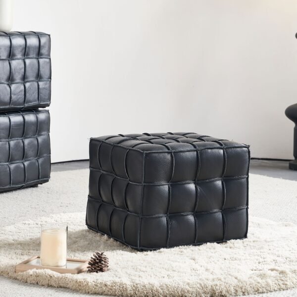 Black Genuine Leather Tufted Ottoman – Modern Square Footstool for Living Room or Bedroom