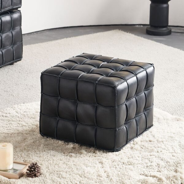 Black Genuine Leather Tufted Ottoman – Modern Square Footstool for Living Room or Bedroom - Image 8