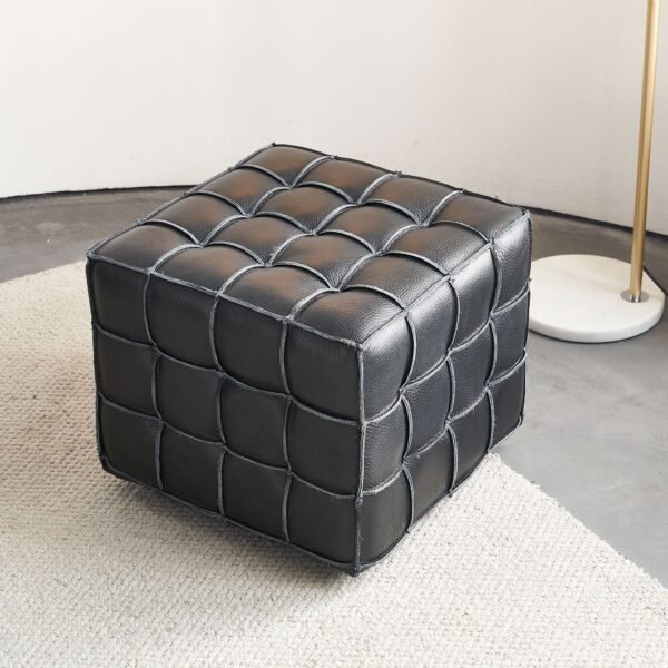 Black Genuine Leather Tufted Ottoman – Modern Square Footstool for Living Room or Bedroom - Image 9