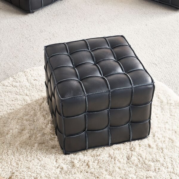 Black Genuine Leather Tufted Ottoman – Modern Square Footstool for Living Room or Bedroom - Image 10