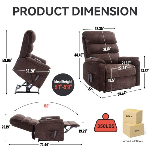 Brown Dual Motor Power Lift Recliner Chair with Massage, Heat & Remote – 350 lbs Chenille Recliner - Image 2