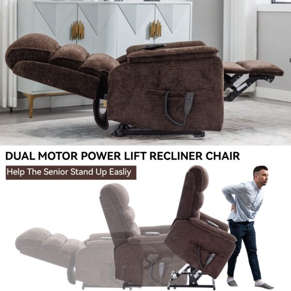 Brown Dual Motor Power Lift Recliner Chair with Massage, Heat & Remote – 350 lbs Chenille Recliner - Image 11
