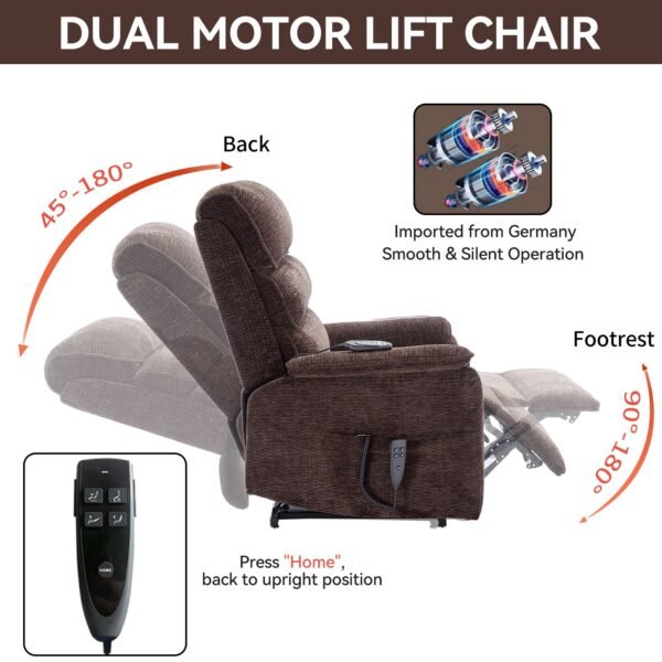 Brown Dual Motor Power Lift Recliner Chair with Massage, Heat & Remote – 350 lbs Chenille Recliner - Image 12