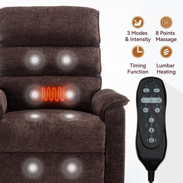 Brown Dual Motor Power Lift Recliner Chair with Massage, Heat & Remote – 350 lbs Chenille Recliner - Image 15