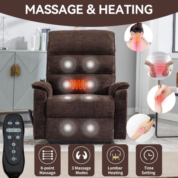 Brown Dual Motor Power Lift Recliner Chair with Massage, Heat & Remote – 350 lbs Chenille Recliner - Image 16