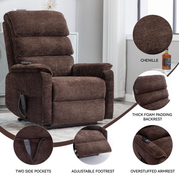 Brown Dual Motor Power Lift Recliner Chair with Massage, Heat & Remote – 350 lbs Chenille Recliner - Image 17