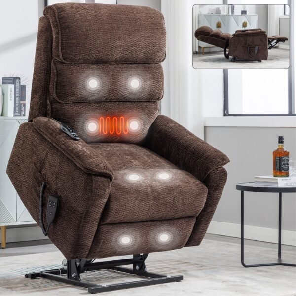 Brown Dual Motor Power Lift Recliner Chair with Massage, Heat & Remote – 350 lbs Chenille Recliner - Image 18