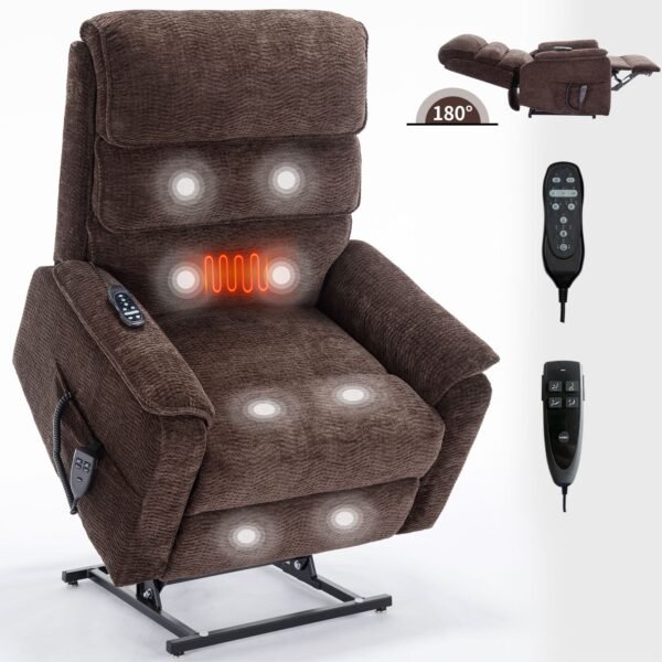 Brown Dual Motor Power Lift Recliner Chair with Massage, Heat & Remote – 350 lbs Chenille Recliner - Image 20
