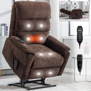 Brown Dual Motor Power Lift Recliner Chair with Massage, Heat & Remote – 350 lbs Chenille Recliner