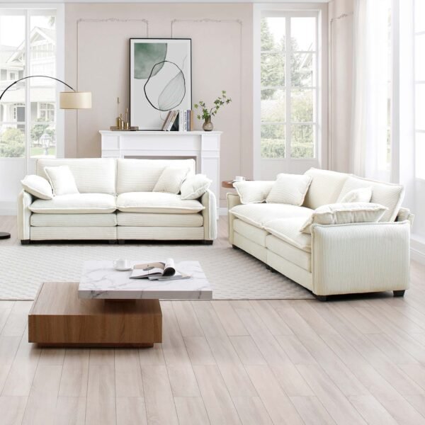 Modern 2-Piece Corduroy Sofa Set – Two 2-Seater Sofas for Living Room or Bedroom, Beige Upholstery - Image 2