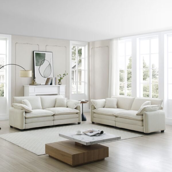 Modern 2-Piece Corduroy Sofa Set – Two 2-Seater Sofas for Living Room or Bedroom, Beige Upholstery - Image 3