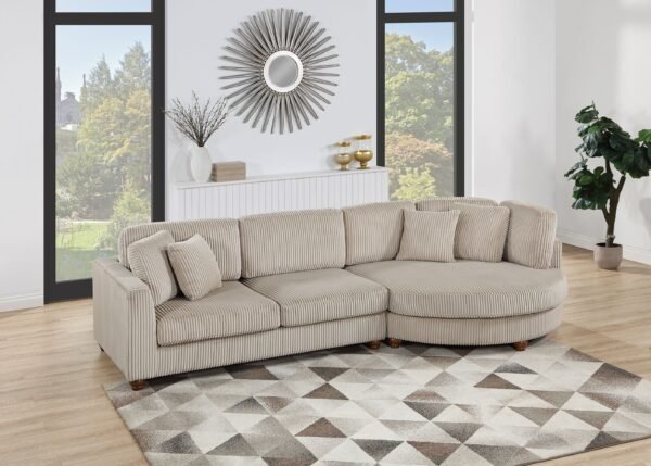 Contemporary 2-Piece XL Corduroy Sectional Sofa Set with Round Chaise – Camel Color LAF/RAF Couch with Pillows - Image 2