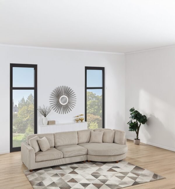 Contemporary 2-Piece XL Corduroy Sectional Sofa Set with Round Chaise – Camel Color LAF/RAF Couch with Pillows