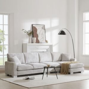 Modern Oversized L-Shaped Sectional Sofa with Chaise – 5-Seat Chenille Couch Set for Living Room, Office, or Apartment, Includes 2 Pillows
