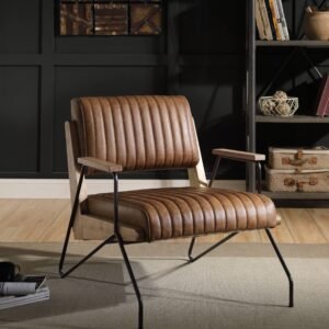 Cocoa Top Grain Leather Accent Chair – Modern Metal Frame Armchair for Living Room