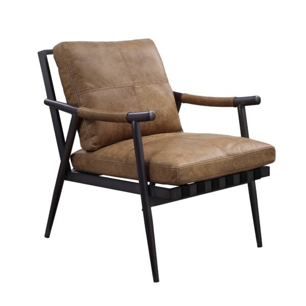 This Berham Chestnut accent chair features luxurious top grain leather, full foam cushioning, and a durable matt iron metal frame for comfort and timeless style - Image 2