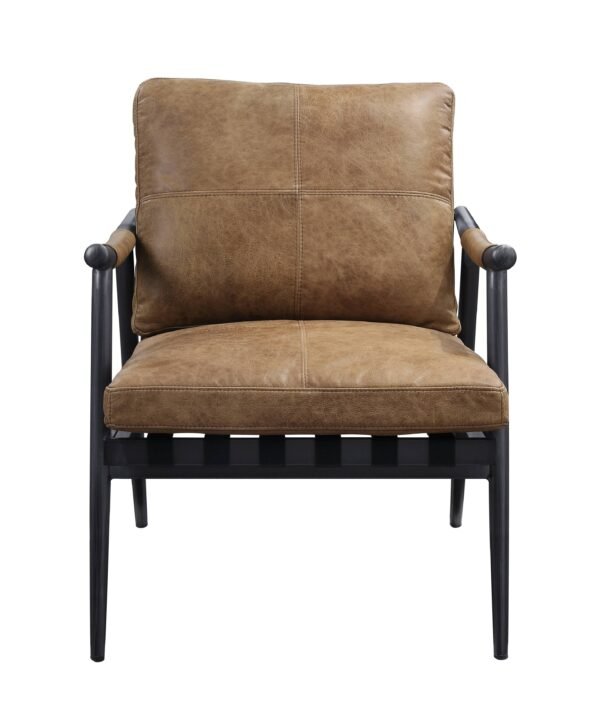 This Berham Chestnut accent chair features luxurious top grain leather, full foam cushioning, and a durable matt iron metal frame for comfort and timeless style - Image 4