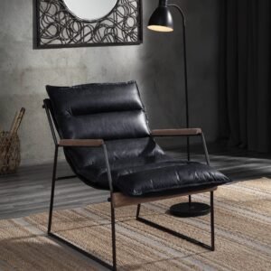 Distressed Espresso Leather Accent Chair with Sled Base – Top Grain Leather & Matt Iron Frame